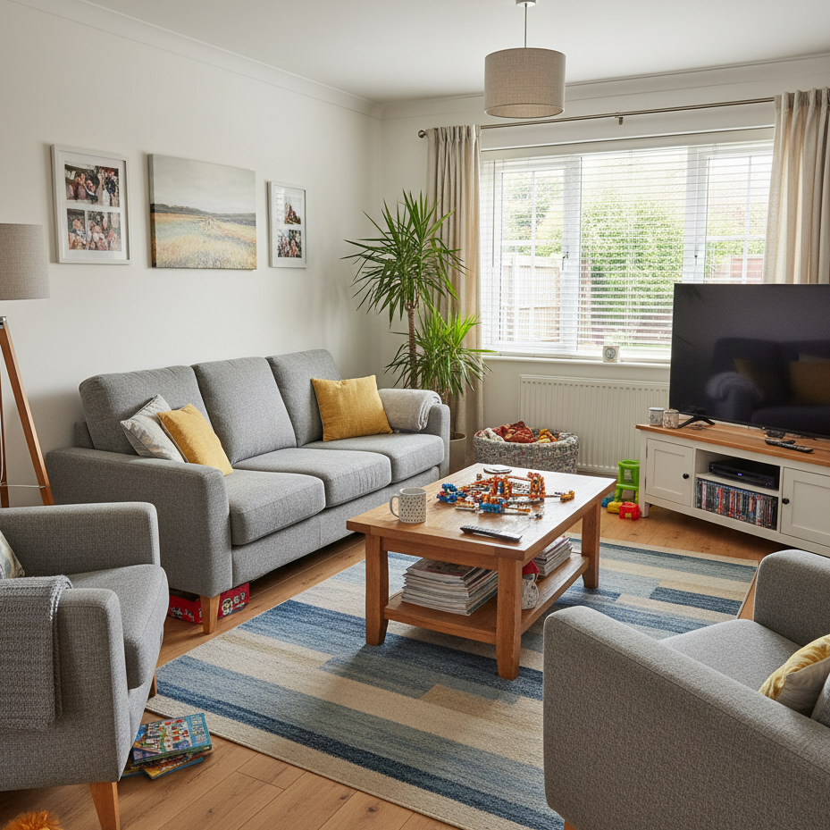 Modern family living room with comfortable seating and natural light