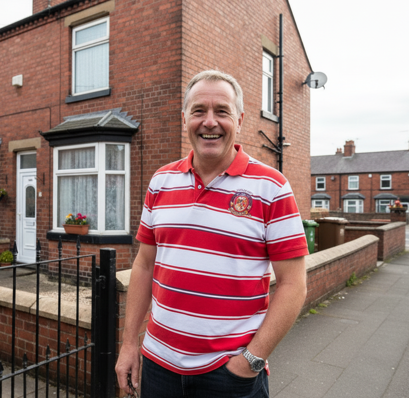 Happy landlord partner standing in front of brick property