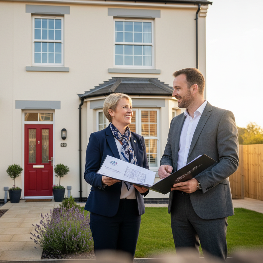 Professional property consultants discussing housing solutions in front of a modern home
