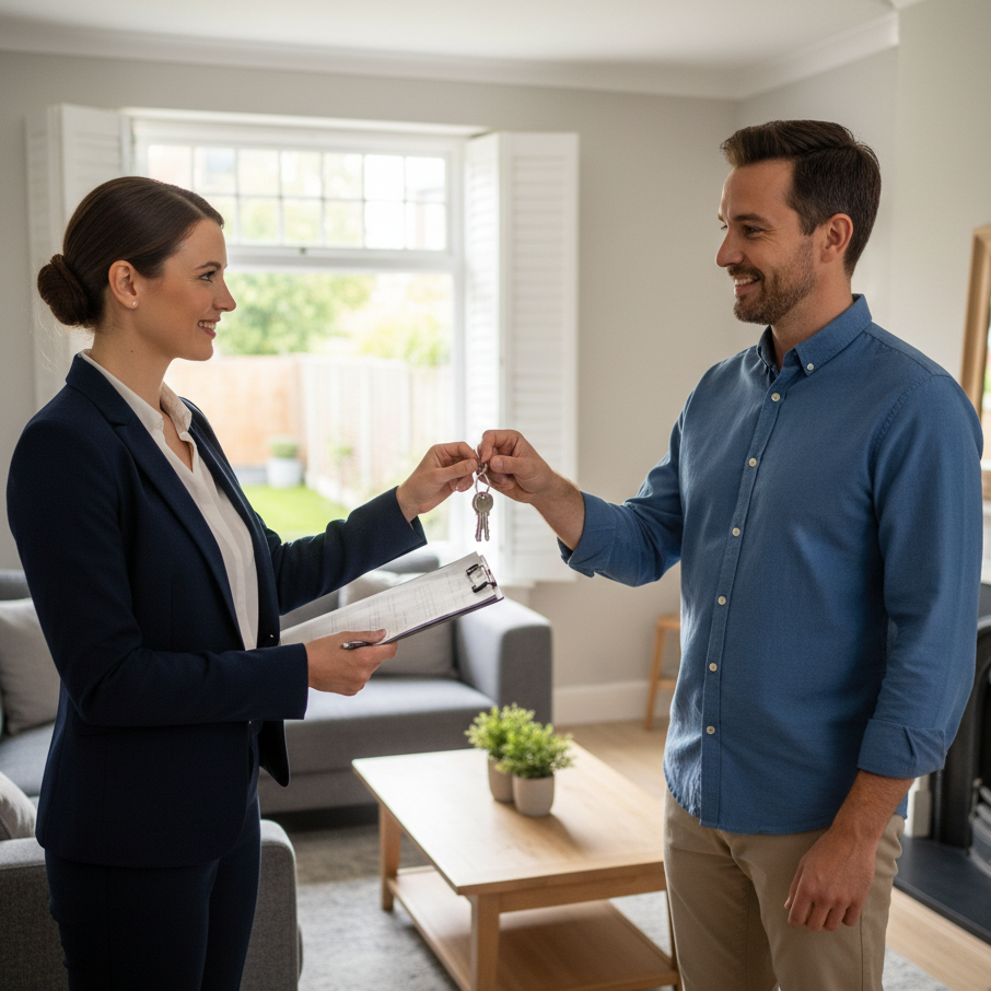 Professional property manager handing keys to landlord partner in modern living room